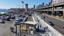 Recently installed fencing at Colman Dock indicates the temporary location of the King County Water Taxi. It's located more than 500 feet north of the existing terminal.