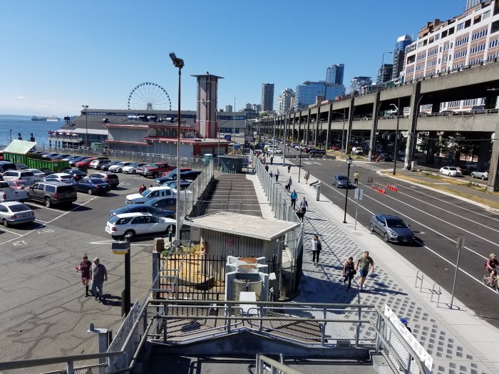 Recently installed fencing at Colman Dock indicates the temporary location of the King County Water Taxi. It's located more than 500 feet north of the existing terminal.