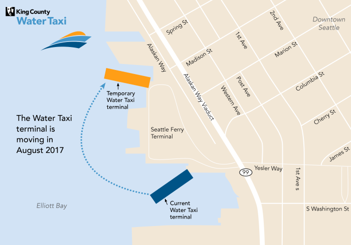 Pictured is a map that illustrates the current location of the Water Taxi terminal, as well as its temporary location on the north end of Colman Dock.