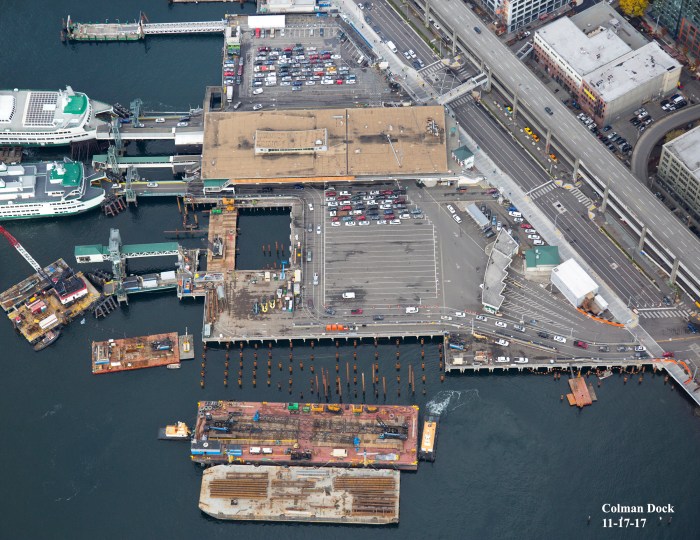 An aerial view of Colman Dock taken on Nov. 17, 2017 illustrates construction at the King County Water Taxi's future terminal.