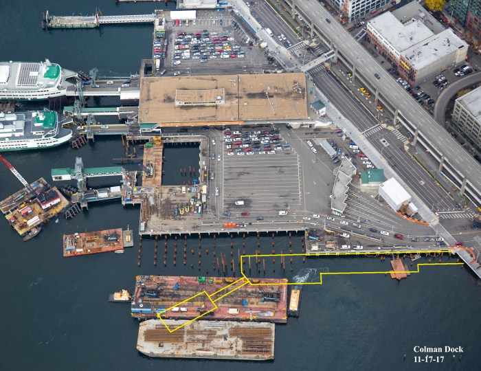 An aerial view of Colman Dock taken on Nov. 17, 2017 illustrates construction at the King County Water Taxi's future terminal.