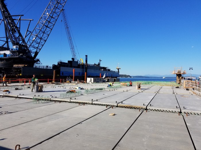 A picture of the deck of the future Passenger Only Ferry (POF) facility for the King County Water Taxi after the final deck was put into place late September.