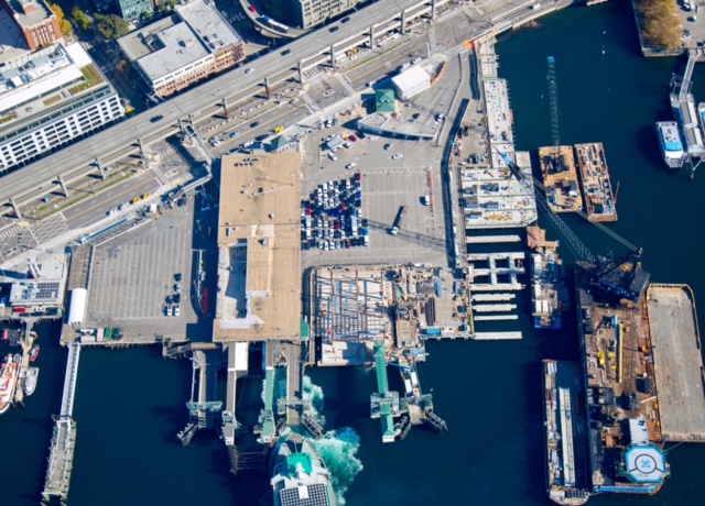 An aerial image captured of King County Water Taxi's future Passenger Only Ferry facility and Colman Dock taken Oct. 17, 2018