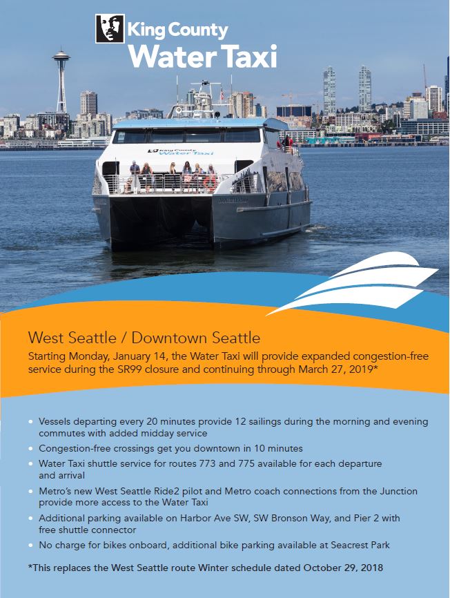 This is the front cover of the printer-friendly version of the King County Water Taxi's Expanded Schedule, Jan. 14, 2019 to March, 27, 2019.
