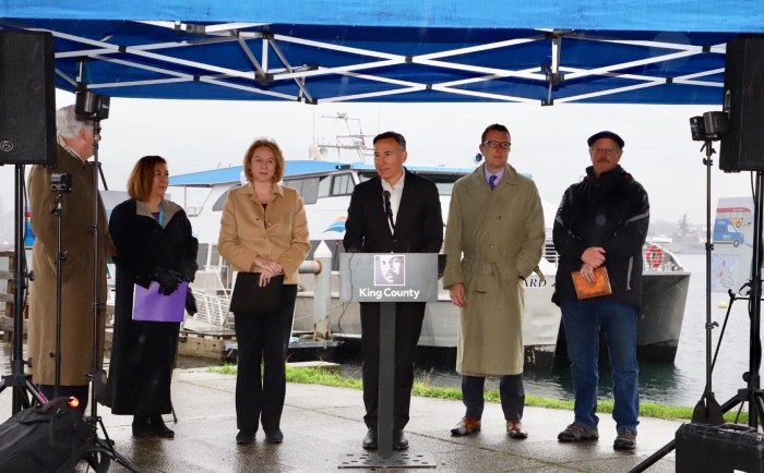 King County Executive Dow Constantine, Seattle Mayor Jenny Durkan, King County Council Chair Joe McDermott and others speak to media at Seacrest Park about preparing for the upcoming SR 99 closure.