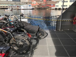A long bicycle blocks the access ramp on the water taxi