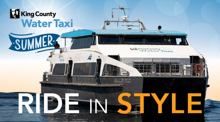 Water Taxi Sally Fox sailing with the words "Ride in Style" and the bottom and the Water Taxi logo in the top right corner