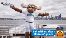 Mariner Moose with downtown Seattle Skyline in the background. Water Taxi Avatar in the lower right corner