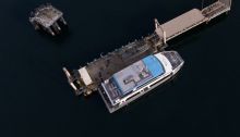 Overhead shot of the Vashon Water Taxi Terminal with people leaving the vessel