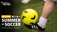 Foot striking soccer ball with the words Summer of Soccer next to the ball