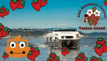 Water Taxi avatar and the logo of the 2025 Strawberry Festival framing the Water Taxi Sally Fox with strawberries in the background