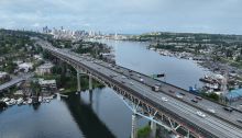Arial photo of the Ship Canal bridge in daylight