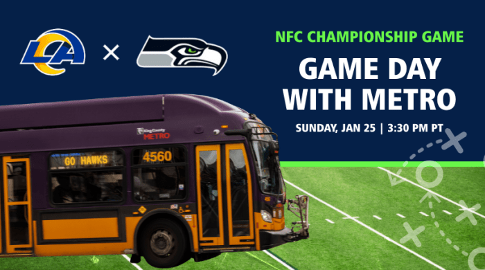 Transit to NFC Championship Game Los Angeles Rams and Seattle Seahawks logos with bus and the words NFC Championship Game Game Day with Metro