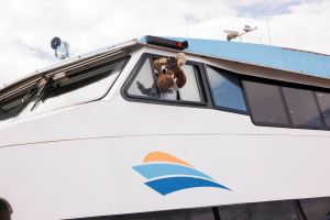 Mariner Moose in the wheelhouse of the Water Taxi